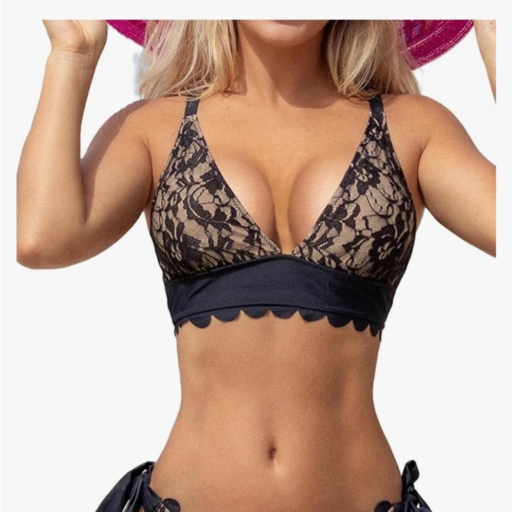 Beachsissi Women’s Scalloped Black Lace Patchwork Bikini Top Size XL NWT